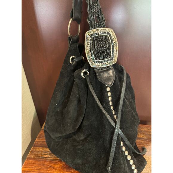 LEATHEROCK USA Black Suede Leather Hobo Silver Studs Indie Boho Bag - Picture 4 of 9